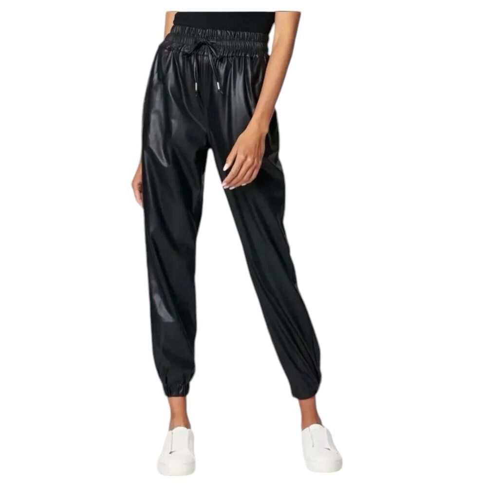 Blank NYC Pants Womens 26 Black Widow Faux Leather Joggers Pull On Drawstring